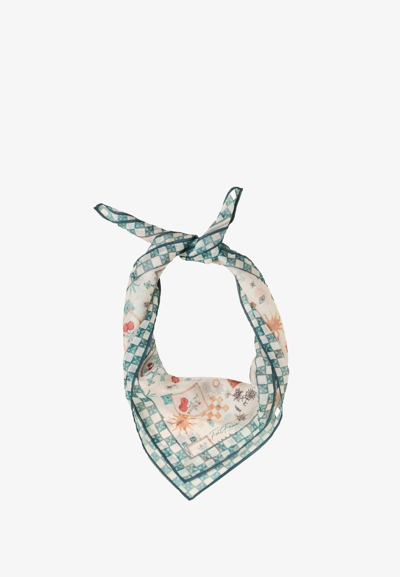 Carré en foulard avec bordure à carreaux bleu sarcelle et motifs assortis de soleil, cœur et fleurs en orange, rouge et marron, noué en un nœud lâche.