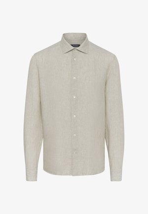 Gai bēšas krāsas ilgi piedurkņu krekls, izgatavots no linu ar vienkāršu audumu, ar norādītu apkakli un sešiem pogām priekšā, aprīkots ar pogājamiem piedurknēm.