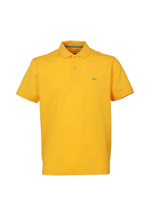 Gelbes kurzärmliges Poloshirt aus Baumwolle, mit Kragen, Drei-Knopf-Leiste und kleinem blauen Logo auf der Brust.