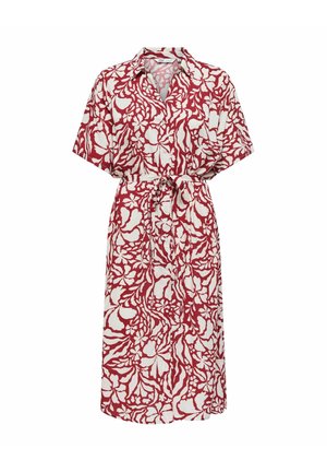 Rode en witte midi-jurk met korte mouwen, bloemenpatroon, kraag, knopen aan de voorkant en een tailleceintuur.