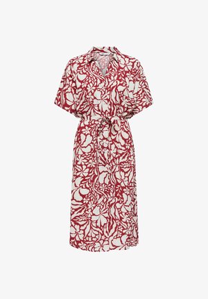 Rode en witte midi-jurk met korte mouwen, bloemenpatroon, kraag, knopen aan de voorkant en een tailleceintuur.