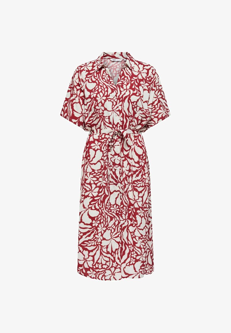 Robe midi à manches courtes avec motif floral rouge et blanc, col, devant boutonné et ceinture à nouer à la taille.