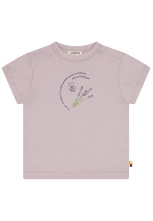 Lila katoenen T-shirt met korte mouwen, met een graphic design van lavendel en een bij in paars en groen, logo-label aan de zijnaad.