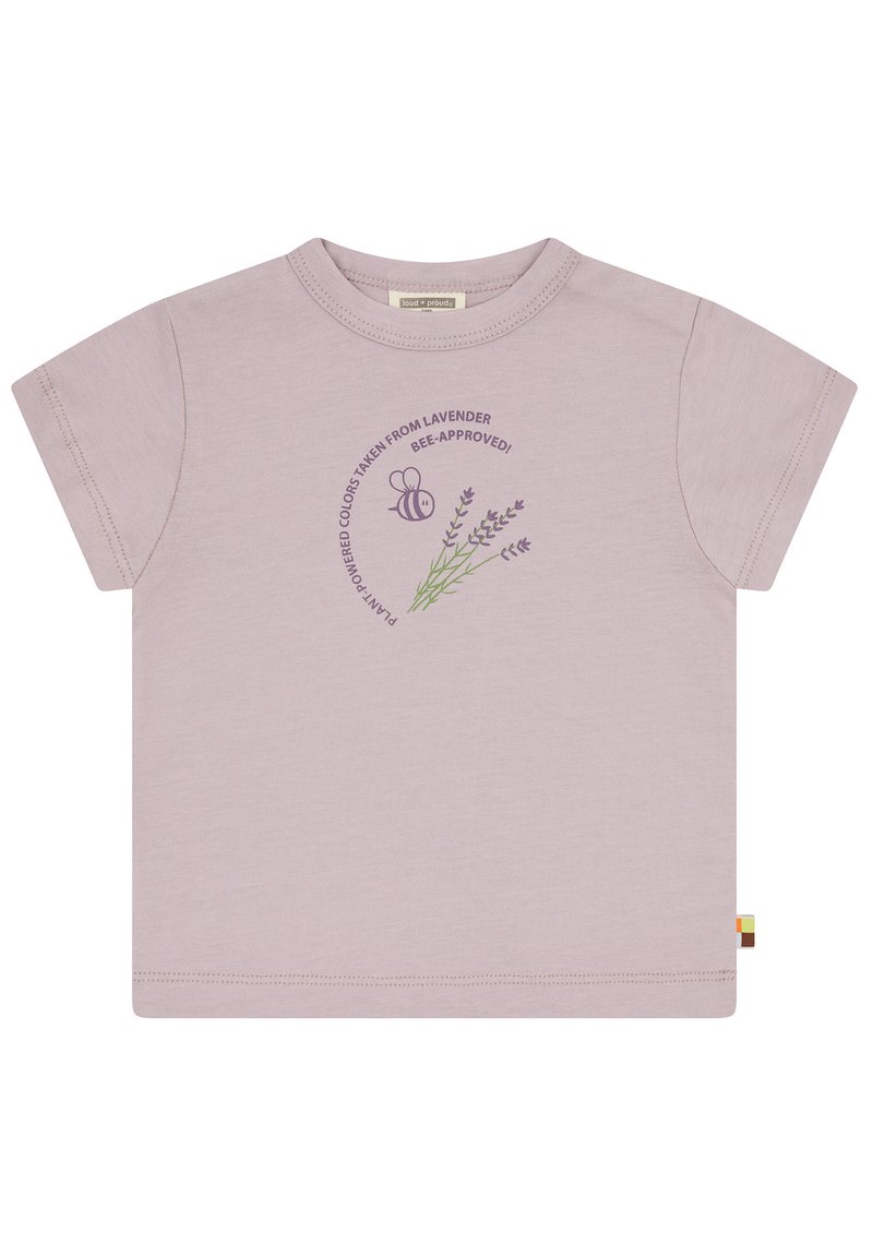 Lila katoenen T-shirt met korte mouwen, met een graphic design van lavendel en een bij in paars en groen, logo-label aan de zijnaad.
