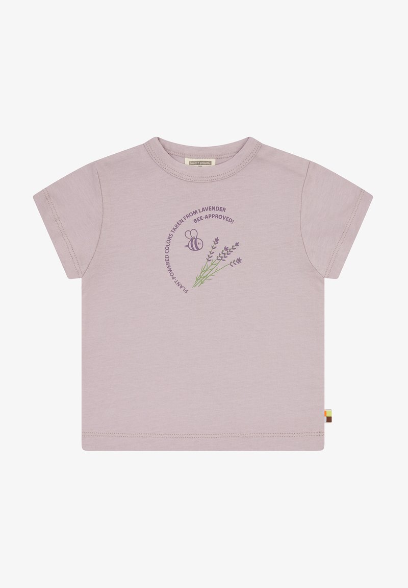 Lila katoenen T-shirt met korte mouwen, met een graphic design van lavendel en een bij in paars en groen, logo-label aan de zijnaad.