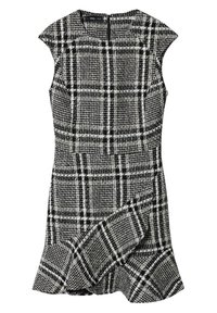 Schwarz-weiße karierte Kleid mit Kurzärmeln, mit schwingendem Saum und strukturiertem gewebten Stoff. Mit Reißverschluss hinten.