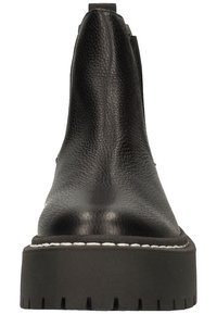 Schwarze Leder-Stiefeletten mit strukturierter Oberfläche, elastischen Seitenpanele und einer dicken Gummisohle mit erhöhten Kanten.