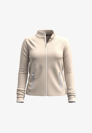 Béžová zipová bunda s vysokým límcem, dlouhými rukávy a kontrastním bílým prošíváním. Obsahuje dvě boční kapsy na zip. Hladká textura.