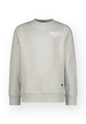 Jasnoszara bluza z okrągłym dekoltem, długimi rękawami, ściągaczami na mankietach i u dołu, z napisem "VINGINO DEPT." na piersi oraz małą czarno-białą metką przy talii.
