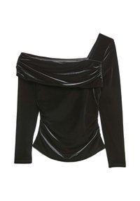 Czarna bluzka z długim rękawem, wykonana z błyszczącego materiału, z dekoltem typu off-the-shoulder, z marszczeniami i dopasowanym krojem.