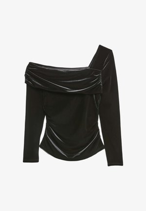 Zwarte lange mouwen top van glanzende stof, met een off-the-shoulder ontwerp, gerimpelde details en een aansluitende silhouet.