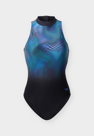 Schwarz einteiliger Badeanzug mit hohem Kragen, mit blau-lila geschwungenen Linienmustern auf der oberen Hälfte und dem Speedo-Logo in Hüfthöhe.