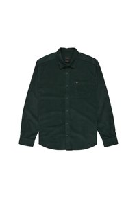 Dark green button-up shirt with long sleeves, a pocket on the left chest, and a soft, textured fabric. Features a classic collar and adjustable cuffs.