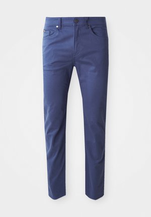 Navy blue cotton pants with a slim fit, five-pocket design, and a front button closure. Smooth texture with subtle stitching details.