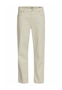 Pantalones de algodón beige con corte recto, que cuentan con cinco bolsillos, remaches de metal y cierre de botón. Textura suave y diseño clásico.