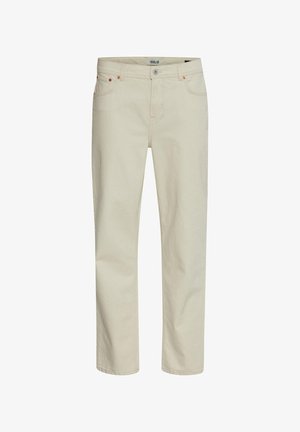 Pantaloni din bumbac bej cu croi drept, având cinci buzunare, nituiri metalice și închidere cu buton. Textură netedă și design clasic.