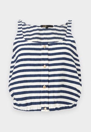 Μπλε και λευκό οριζόντια ριγέ αμάνικο μπλουζάκι με κουμπιά στο μπροστινό μέρος και ελαστική ραφή στο τελείωμα, με ετικέτα "maje" στη γραμμή του λαιμού.