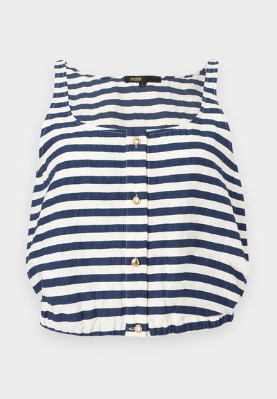 Μπλε και λευκό οριζόντια ριγέ αμάνικο μπλουζάκι με κουμπιά στο μπροστινό μέρος και ελαστική ραφή στο τελείωμα, με ετικέτα "maje" στη γραμμή του λαιμού.