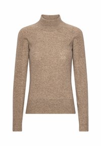 Pulover cu guler înalt de culoare cămilă, realizat dintr-un material tricotat texturat, având mâneci lungi și detalii ribbate pe întreaga suprafață.