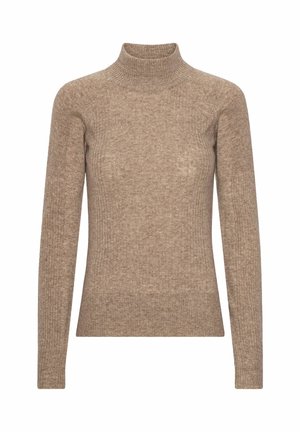 Camel barvna turtleneck pulover iz teksturirane pletene tkanine, ki ima dolge rokave in rebrast detajl po celotnem telesu.