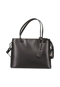 Zwarte leren handtas met dubbele handvatten, afneembare schouderriem en een hanglabel; heeft een gladde textuur en een eenvoudig ontwerp.