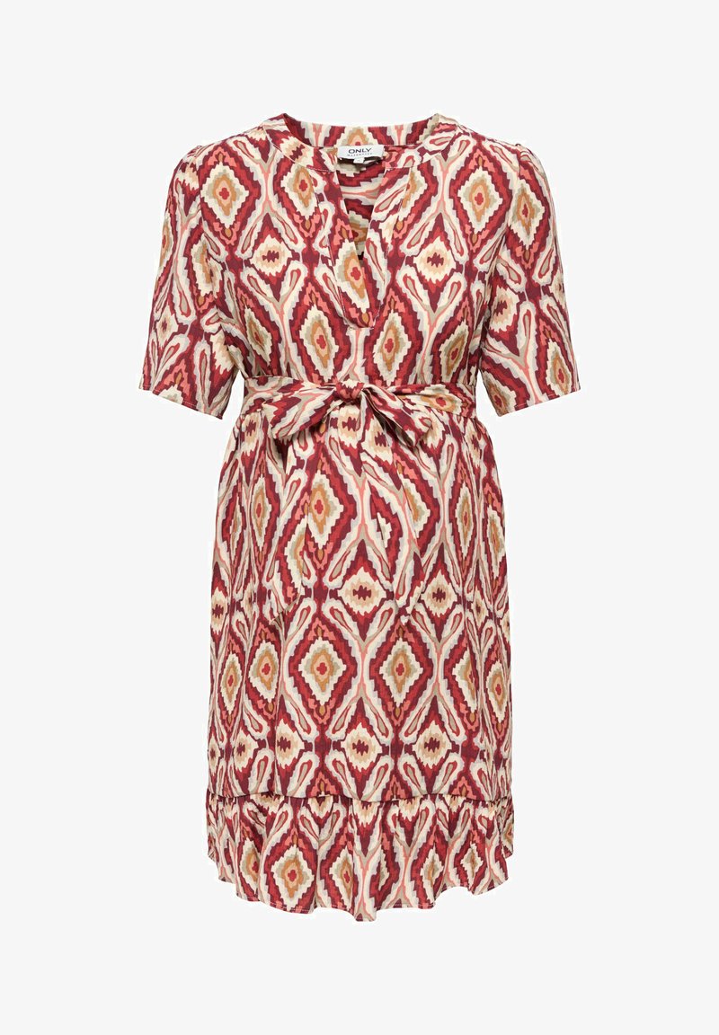 Robe à manches courtes avec motif losange rouge, beige et blanc, nœud à la taille, encolure en V et détail volanté à l'ourlet.