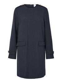 Μπλε του ναυτικού φόρεμα από υφασμένο ύφασμα, με στρογγυλή λαιμόκοψη, μακριά μανίκια με λεπτομέρειες από περικοπές, και δύο μπροστινές τσέπες με επίπεδες ανοίξεις.