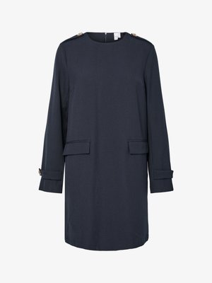 Vestido azul-marinho feito de tecido texturado, apresentando um decote redondo, mangas longas com detalhes nos punhos e dois bolsos frontais com aberturas planas.