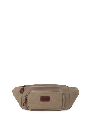 Sac banane en tissu beige avec deux compartiments zippés et une petite pièce en cuir marron sur la poche avant.