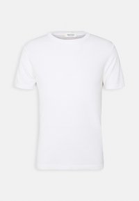 Hvid kortærmet t-shirt lavet af blødt stof, med rund hals og et simpelt, sømløst design uden yderligere mønstre eller accenter.