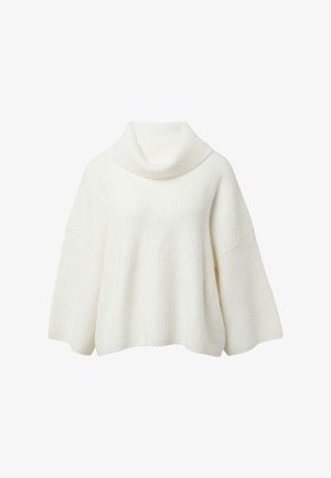 Maglione bianco a costine con scollo a cowl e maniche ampie. Tessuto morbido, vestibilità rilassata e orlo che arriva in vita.