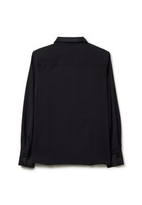 Black long-sleeve collared shirt laid flat showing back view with buttoned cuffs on a white background.