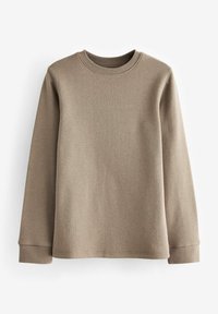 Maglione beige a maniche lunghe in maglia a coste con scollatura rotonda, caratterizzato da una texture morbida e polsini aderenti, progettato per un fit casual.