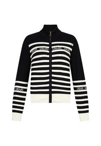 Cardigan a righe bianche e nere con zip, colletto alto, decorazioni in perle e testo "LIU JO" sul petto e sulle maniche.