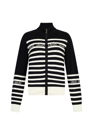 Sweater zippé noir et blanc rayé avec col haut, embellissements en perles et texte "LIU JO" sur la poitrine et les manches.