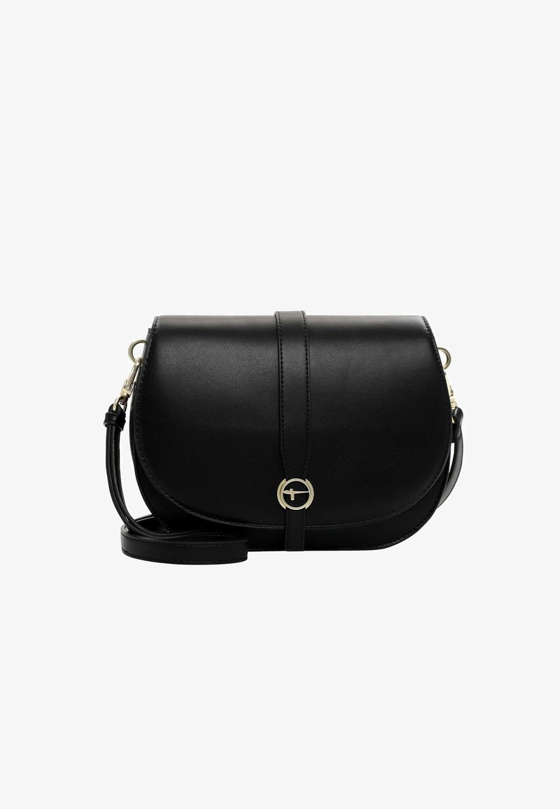 Schwarze Leder-Crossbody-Tasche mit gebogener Form, goldenen Hardware-Akzenten und einem Frontverschlussriemen. Verfügt über einen abnehmbaren Schultergurt.