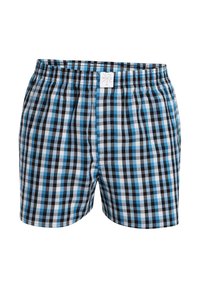 Blue, black, and white checkered men's boxer shorts with elastic waistband and front label on a white background.