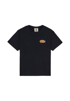 Zwart T-shirt met korte mouwen, klein kleurrijk "Split Paint"-logo en cartoon-aap op de linkerborst en een ronde halslijn.