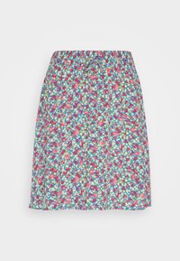 Jupe fleurie avec un fond bleu, ornée de petites fleurs roses, rouges et vertes. Taille élastique avec des plis rassemblés à l'ourlet.