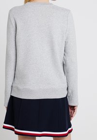 Sweatshirt gris à manches longues, avec des poignets et un ourlet côtelés. Porté par-dessus une jupe plissée bleu marine avec un ourlet à rayures multicolores.
