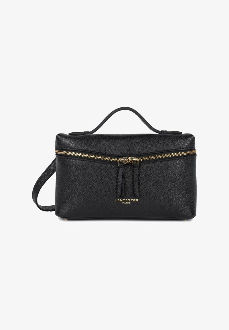 Black textured leather rectangular handbag with top handle, gold zipper closure, detachable shoulder strap, and "Lancaster Paris" logo in gold.