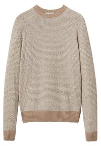 Beige strukturierter Strickpullover mit gerippten Bündchen, Saum und Rundhalsausschnitt.