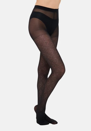 Schwarze gemusterte Strumpfhosen mit geometrischem Design, transparentem oberen Bereich und undurchsichtigem Fußteil. Hergestellt aus dehnbarem, elastischem Material.