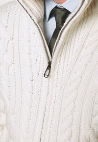 Vit stickad zip-up tröja med ett flätmönster, med en metallblixtlås och bärs över en ljusblå skjorta och grön slips.