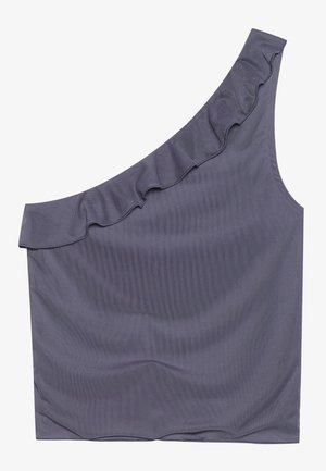 Top asimetric cu un umăr, dintr-un material gri închis, având un guler volănat și o textură netedă. Design simplu, ajustat, fără modele suplimentare.