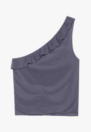 Top asimetric cu un umăr, dintr-un material gri închis, având un guler volănat și o textură netedă. Design simplu, ajustat, fără modele suplimentare.