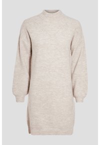 Robe pull en maille côtelée beige avec col rond haut, manches longues ballon et détail en maille subtile en forme de V sur la poitrine.