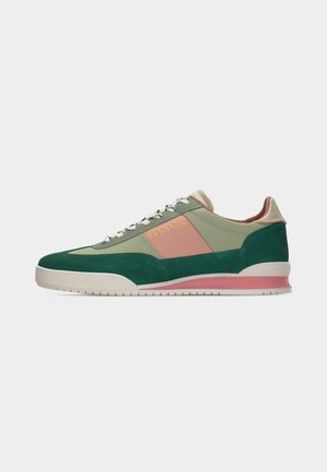 Low-top sneaker with green suede, beige and pink leather panels, white sole, and branded pink "PS Paul Smith" detail on the side.
