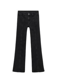 Črne zvonaste jeans hlače iz denima, z visokim pasom, dvema sprednjima žepoma in navpičnimi šivi po nogah.
