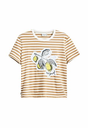 Randig kortärmad T-shirt i brunt och kräm med en grafik av gula citroner och blad på framsidan. Mjuk bomullstyg, rundad halsringning.